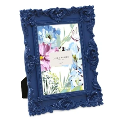 Image of Laura Ashley Ornate Textured Hand Crafted Resin Picture Frame with Easel &amp; Hook for Tabletop Wall Display, Decorative Floral Design Home Décor, Photo Gallery, Art, More (4x6, Navy)