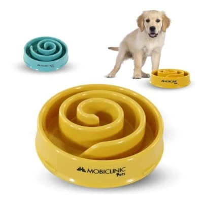 Image of Mobiclinic® Pets Anti Slinging Bowl Dogs, Non Slip, Spiral Shape, 19.5 x 4.6 20.6 cm, Digestive, 500 ml, Easy to Clean, Robust and Durable, Cats, (Mostaza)