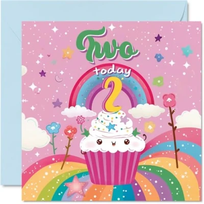 Image of 2nd Birthday Card Girl Cupcake Rainbow Happy for 2 Year Old Girl, Age Girls Cards Second Card, 145mm x Bday Greeting