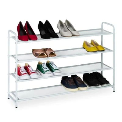 Image of Relaxdays Shoe Rack, Storage for 16 Pairs, HxWxD: 65 x 100 25.5 cm, Metal Organiser, Narrow, 4 Shelves, Hallway, White
