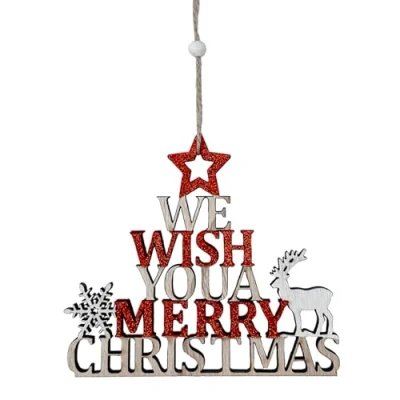 Image of Christmas Wooden Merry Hanging Sign with Reindeer and Snowflake design (Red Glitter 8007)
