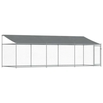 Image of vidaXL Dog Kennel Crate with Roof Grey Galvanised Steel, Lockable Door Outdoor Pet Cage, 6x2x2m Size Ideal for Play, Exercise &amp; Training