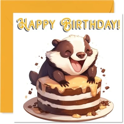 Image of Badger Birthday Cards Animal Cake Happy Card for Son Daughter Brother Sister Grandson Granddaughter Niece Nephew Cousin, 145mm Bday Greeting