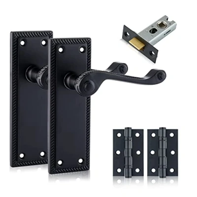 Image of XFORT Black Beauty Range Matt Hanoverian Lever Latch Door Pack, Georgian Style Complete Set with Handles, 65mm Tubular and 75mm Ball Bearing Hinges, for Internal Wooden Doors