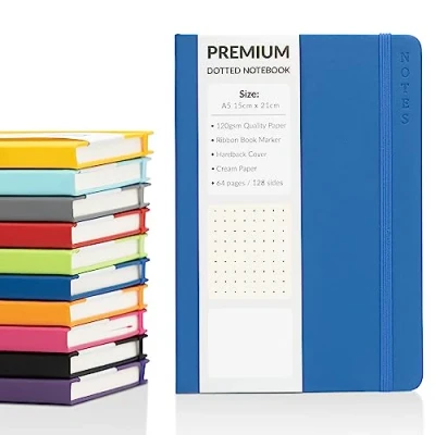 Image of Bullet Journal A5 Dotted Notebook with Faux Leather Hardback Cover and Premium 120gsm Thick Dot Grid Paper (128 Cream Pages, Navy)