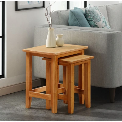Image of Hallowood Furniture Aston Oak 2 Nest of Tables, Wooden Nesting Multifunctional Coffee Table, Side Occasional Small Lamp Tables for Living Room