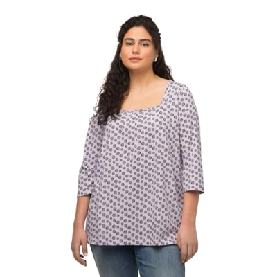 Image of Ulla Popken Women&#039;s Fältchenshirt mit Carreeausschnitt und Punktedruck, A LINE T Shirt, Pastel Lilac, 16 18