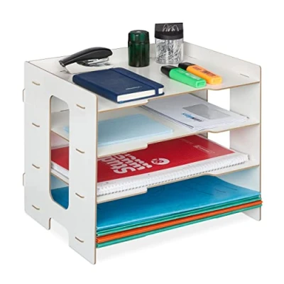Image of Relaxdays Filing Cabinet, 3 Compartments, Letter Tray, Office Document Organiser, A4 Format, 27 x 32.5 25 cm, White, 100% fibreboard