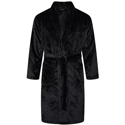 Image of Adore Home Mens Flannel Fleece Bathrobe Warm Soft Dressing Gown Bath Robe Shawl Collar, Black, S M