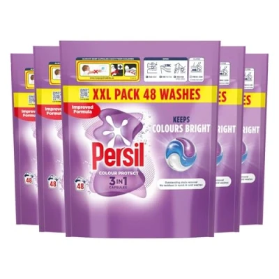 Image of Persil XL 3 in 1 Washing Capsules Outstanding Stain Removal with No Residues Even Quick and Cold Washes 7 Days of Lasting Freshness Pods 48 (Buy 5, Colour Protect)