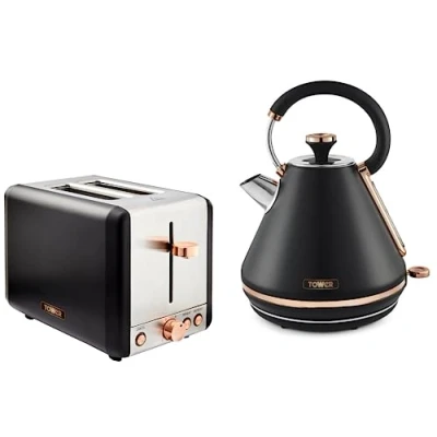 Image of TOWER Cavaletto Black 1.7L 3KW Pyramid Kettle &amp; 2 Slice Toaster. Matching Toaster Set in Rose Gold