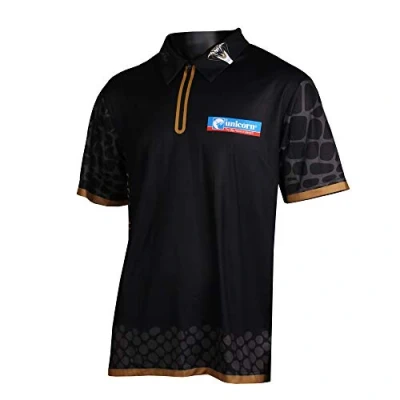 Image of Unicorn Darts Shirt Jeffrey &#039;The Black Cobra&#039; de Zwaan Breathable Polyester &amp; Non Stitch Zip Gold XL To fit chest 43 46 inches