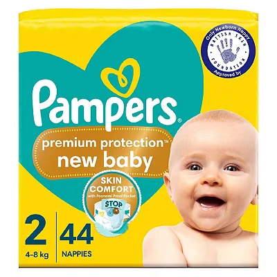 Image of Pampers Premium Protection New Baby Size 2, 44 Nappies, 4kg 8kg, Essential Pack