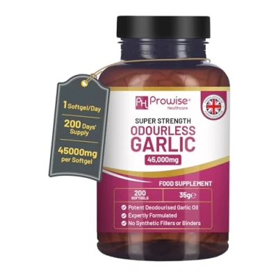 Image of Premium Odourless Garlic Capsules 45,000mg per softgel 200 softgels (not Tablets) Super High Strength Cold Pressed and Deodourised Oil Extract from Allium Sativum