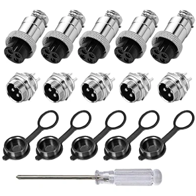 Image of Aiqeer 5 Pcs 4 Pin GX16 Aviation Connector, 16 mm Thread Panel Metal Cable 5A Male Female Connector Plug Socket Kit, with Rubber Cap and Phillips Screwdriver