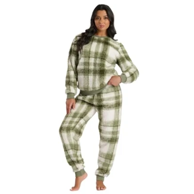 Image of undercover lingerie Ladies Check Borg Fleece Pyjamas 794092 Green S