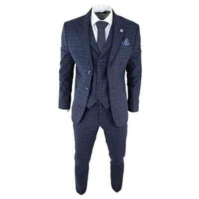 Image of Mens Tweed 3 Piece Suit Blue Check Vintage 1920s Gatsby Blinders Tailored Fit 44