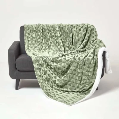 Image of HOMESCAPES Extra Large Sage Green Velvet Throw 200 x 230cm Soft Geometric Pattern Sherpa Blanket Bed and Sofa for King Size Beds 3 Seater Sofas