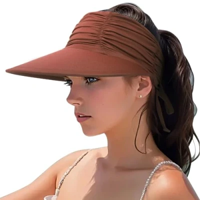 Image of DRESHOW Women Visor Sun Hat Wide Brim Adjustable Foldable Ponytail Beach Summer UV Protection Outdoor Cap UPF 50+