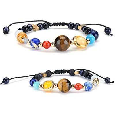Image of Senlinmu 2 X Galaxy Solar System Bracelet Universe Nine Planets Star Natural Stone Beads Adjustable Bracelets Bangles