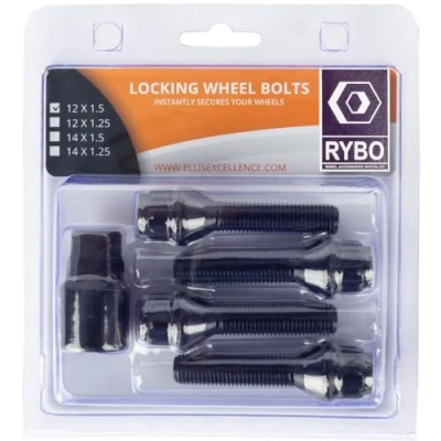 Image of RYBO Set of 4 M12 x 1.5 Tapered Alloy Wheel Locking Bolts (Black, 45mm Thread Length)
