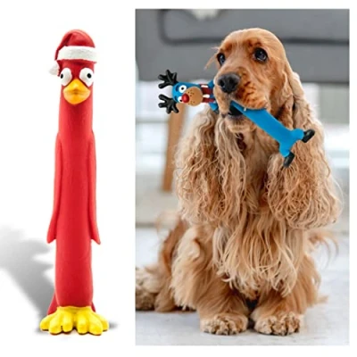 Image of 10&quot; Long Squeaky Dog Toys LATEX Chew Standing Stick Gifts Reindeer Rudolph Teething Puppy Fetch Interactive for Boredom Small Medium Pet (Red, Penguin)