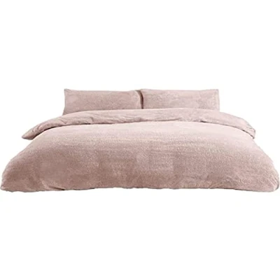 Image of Sleepdown Teddy Fleece Duvet Cover Quilt Bedding Set with Pillow Cases Thermal Warm Cosy Super Soft Double Blush Pink