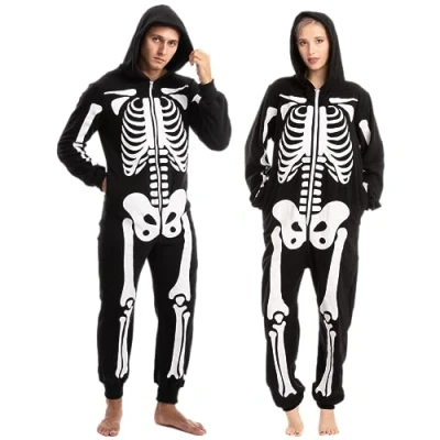 Image of Spooktacular Creations Unisex Skeleton jumpsuit Plush Zippered Halloween Hoody for Adult Sleepwear Costume(Large) Black