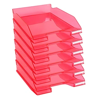 Image of Exacompta Ref. 113254D set of 6 COMBO MIDI letter trays dimensions 34.6 x 25.5x 6.5 cm for A4 + format documents transparent glossy raspberry color