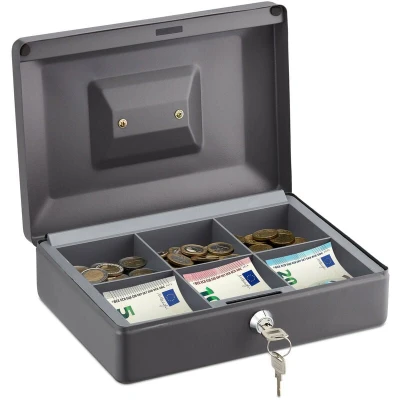 Image of Relaxdays Cash Box Lockable, Coin Insert &amp; 4 Note Compartments, Money Safe, Iron, HxWxD: 8.5 x 30.5 24.5 cm, Grey
