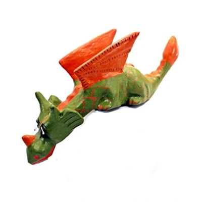 Image of Over Shelf Sitting Wooden Dragon, Green and Orange, 13cm long, Cute Dragon Ornament, Fair Trade