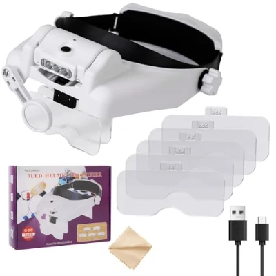 Image of 1.0X 1.5X 2.0X 2.5X 3.5X 8X lighted head mount jewelers magnifier headband jewelry making loupe headset reading close work crafts sewing magnifying glasses LED light interchangeable Lens