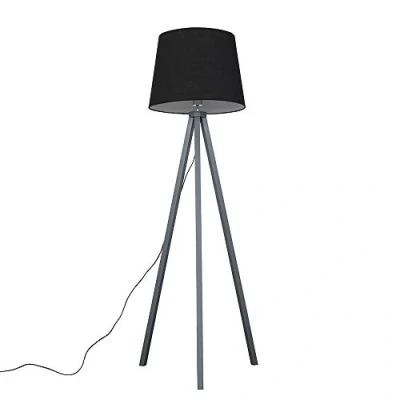 Image of MiniSun Modern Grey Wood Tripod Design Floor Lamp with a Black Tapered Shade Complete 6w LED Bulb [3000K Warm White]