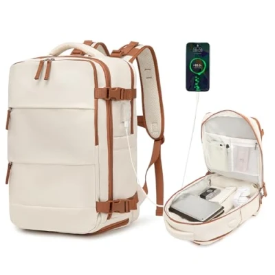 Image of Kono Cabin Bag 42x30x20 for Easyjet Underseat 25L Travel Backpack Waterproof Carry ons Hand Luggage Laptop Rucksack with USB Charging Port and Shoe Compartment (Beige &amp; Brown)