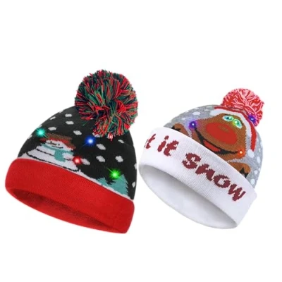 Image of Topzilly 2 Pack Christmas Beanie Hat Fun LED Light Up Holiday Adults &amp; Kids Warm Bobble Hat, Elf Hats for Adults, Baby Xmas Party Hats, Gifts Festive (Let it Snow + Man)