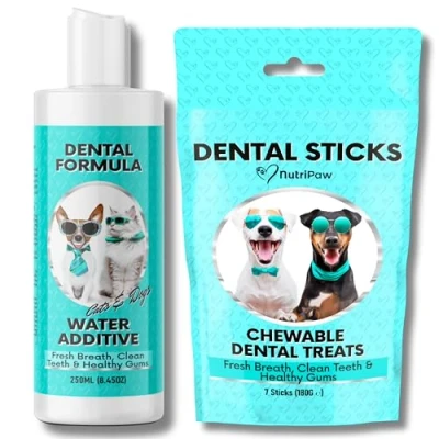 Image of NutriPaw Dental Water &amp; Chews Bundle Clean Teeth, Healthy Gums Fresh Breath Manage Plaque Tartar Build Up Fuss Free No Brushing Needed