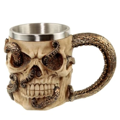 Image of Puckator Bronze Octopus Skull Tankard Pint Glass Viking Goblet Fantasy Home Decoration Beer Mugs Cup Cool Glasses for Drinking Tankers Men Resin