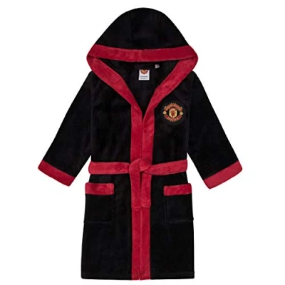 Image of Manchester United FC Official Gift Boys Fleece Dressing Gown Robe Black 7 8 Yrs
