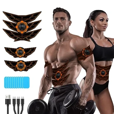 Image of SEVEKO EMS Muscle Stimulator ABS Trainer, Men Women, Safty Effective Quick Full body Workout 8 Mode &amp; 15 Intensity, 10pcs Replacement Hydrogel (Orange)
