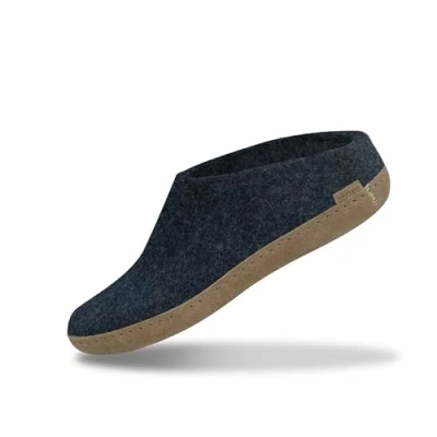 Image of GLERUPS Slip on Slippers Women and Men (Denim Blue) Unisex Wool with Leather Sole Comfy Cosy Gents Ladies
