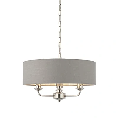 Image of Highclere Cylindrical Pendant Light Bright Nickel Plate, Charcoal Fabric