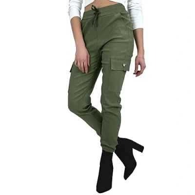 Image of Women&#039;s Button Cargo Pocket Jean Denim Look Stretch Fit Combat Trousers Joggers Pants (S M, Khaki)