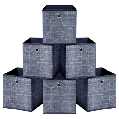 Image of HEFTMAN Foldable Storage Cube Boxes Set of 6 Blue Fabric with Grommet Handle, Space Saving for Clothes, Toys, Books Organisation (30 x 30 cm Blue)