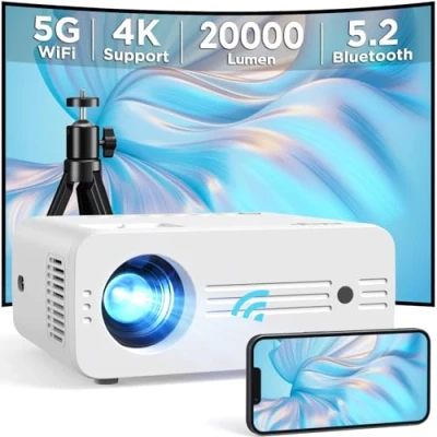 Image of Projector with 5G WiFi and Bluetooth, Native 1080P, 4K Supported, 18000 Lumen Portable Outdoor Tripod, Phone Compatible iOS/Android/HDMI/PC/TV Stick/USB/PS5