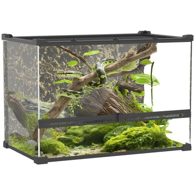 Image of PawHut Reptile Glass Terrarium, Vivarium with Stone Background, Front Ventilation, Escape Proof Knob Lock, Enclosure for Lizards, Horned Frogs, Snakes, 50 x 30 35 cm, Black