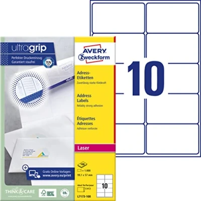 Image of Avery Zweckform L7160 100 Address Labels 63.5 x 38.1 mm for C6 Envelopes Sheets