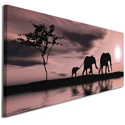 Image of Wallfillers Blush Pink African Sunset Elephants Canvas Wall Art Print 1361 Small 97x40cm