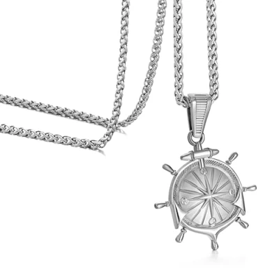 Image of murtoo Compass Silver Necklace for Men Stainless Steel Rope Chain Womens Gifts Men/Women Rudder，24&#039;&#039;