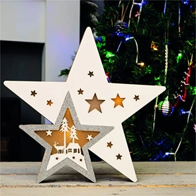 Image of St Helens Home and Garden Battery Powered Light Up Wooden Christmas Star