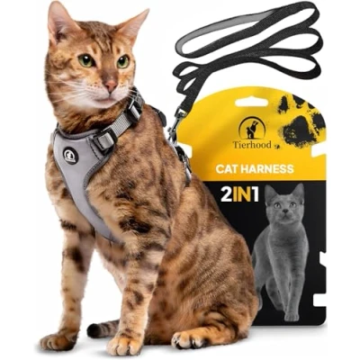 Image of Tierhood Cat Harness with Lead, Lightweight Version Lead for Cats and Kittens Set Controlled Freedom Grey, Size M